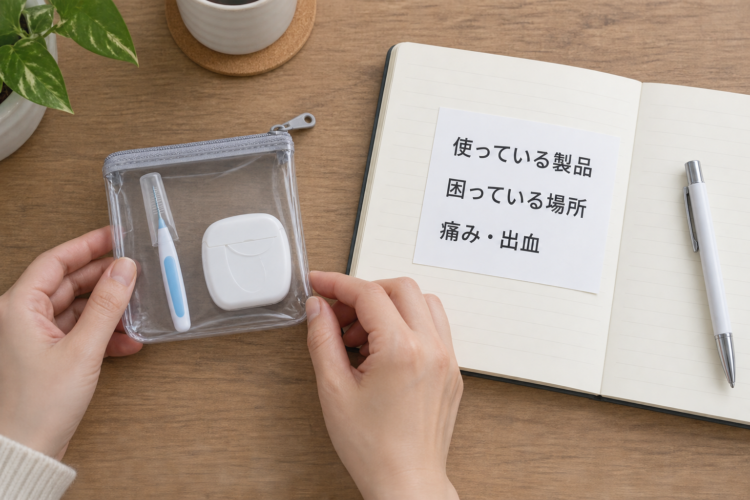 ケア用品と、使っている製品・困っている場所・痛みや出血を記した相談メモ