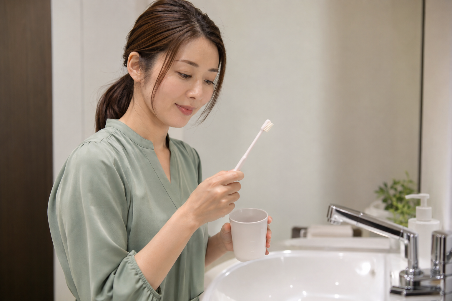 歯ブラシを手にして毎日のケアを整える女性