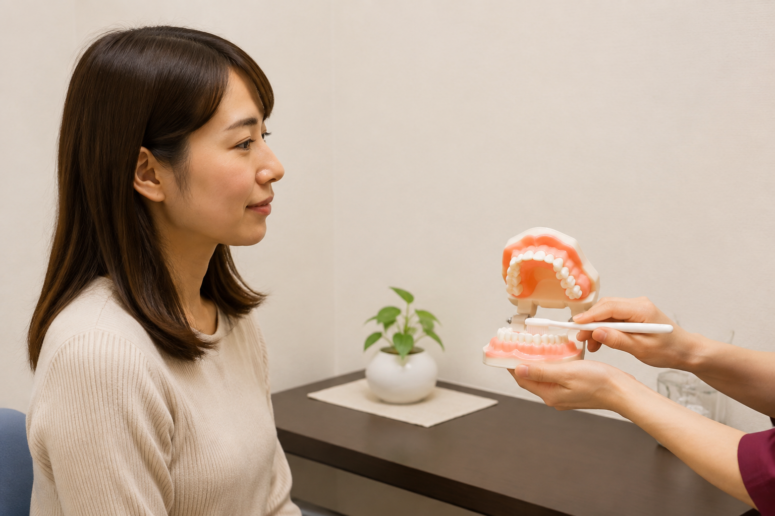 歯科医院で歯みがき方法の説明を受けるイメージ