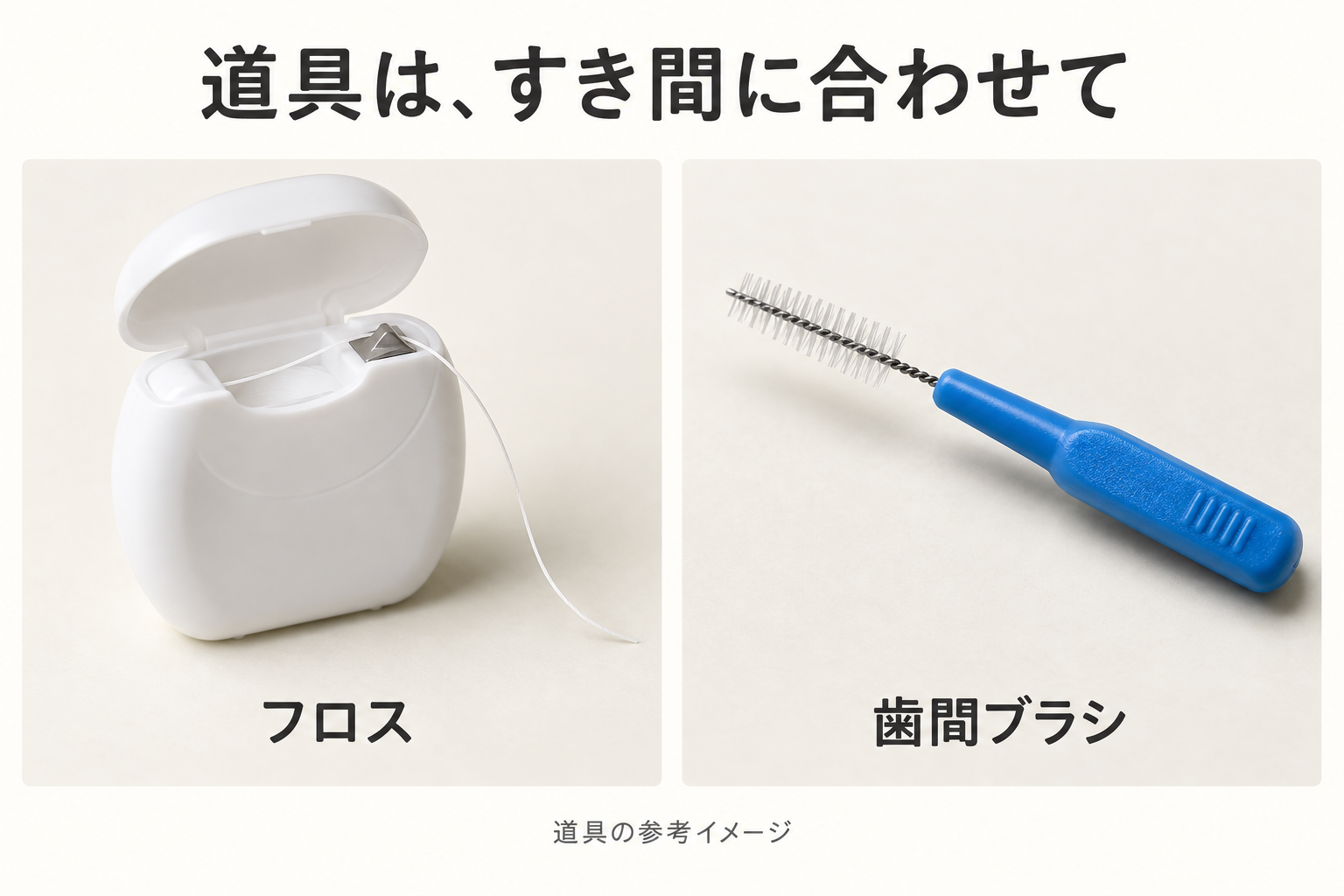 フロスと歯間ブラシの形の違いを示す比較画像