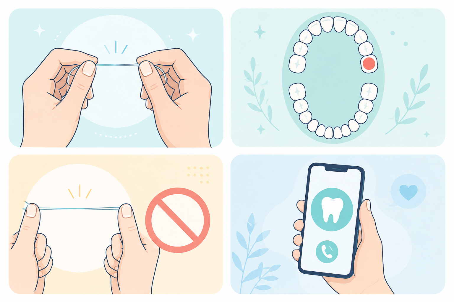 フロスの扱いと相談までの行動を示す4つのイラスト