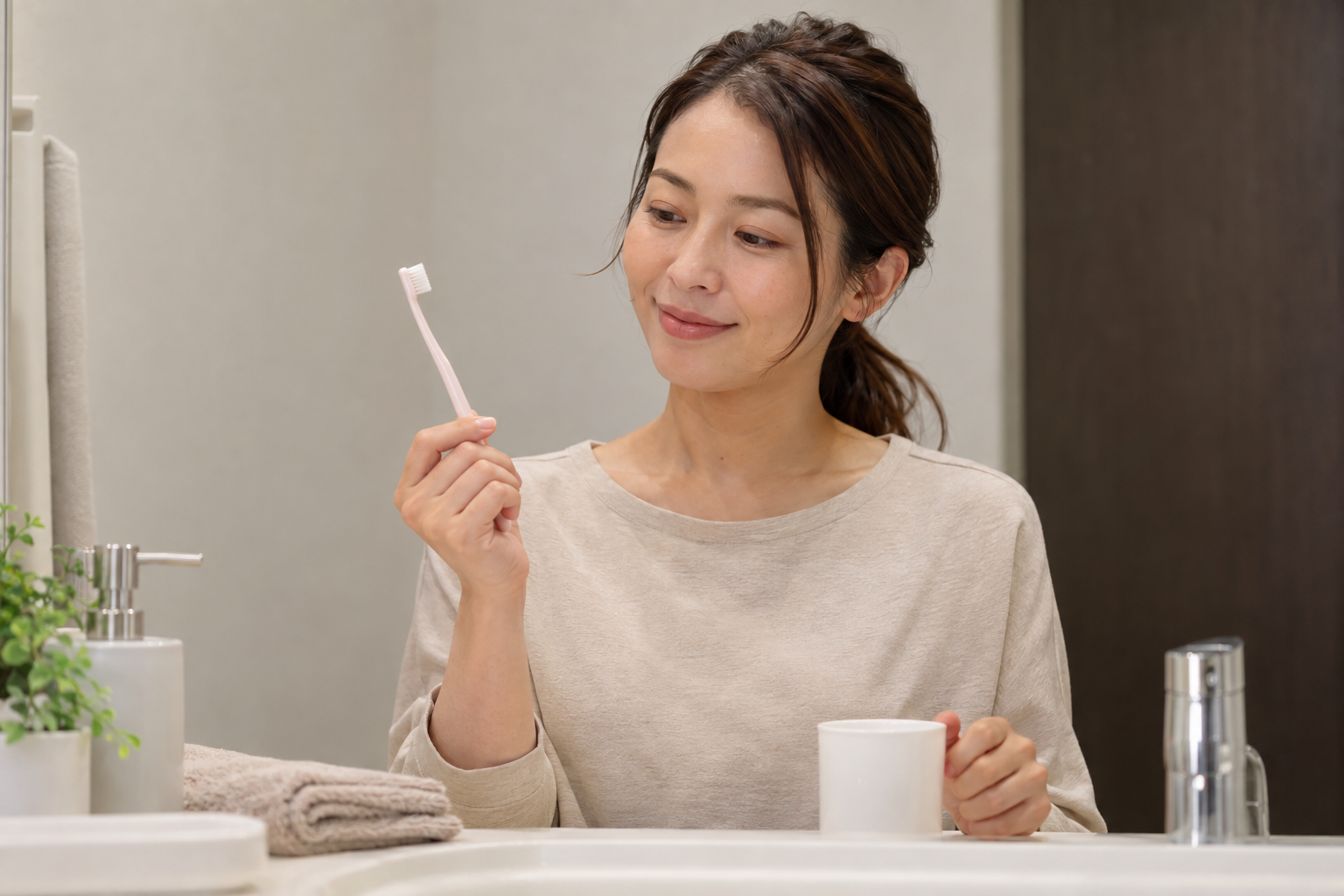 歯ブラシを手にしてセルフケアを見直す女性