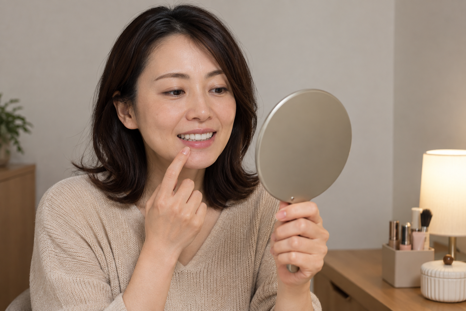 鏡で前歯の様子を確認する女性