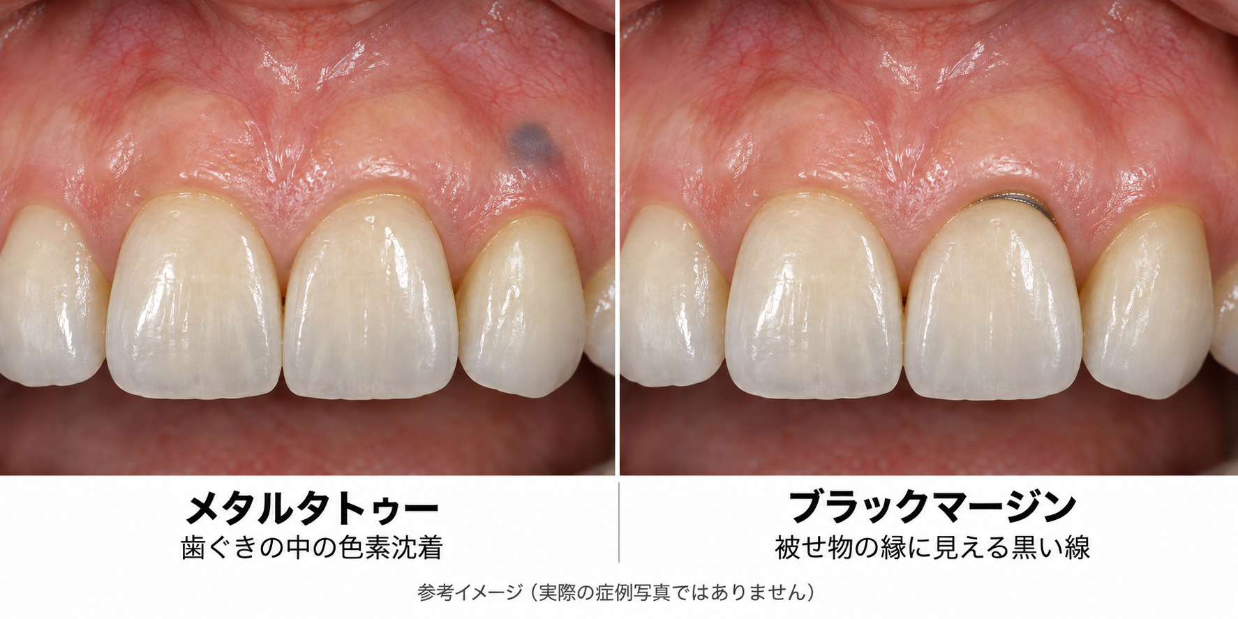 左は歯ぐきの色素沈着、右は被せ物の縁の黒い線を示した比較参考イメージ
