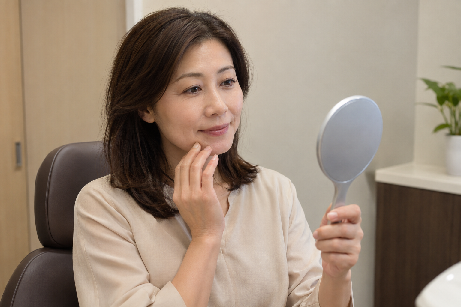 手鏡で口元を確認する女性
