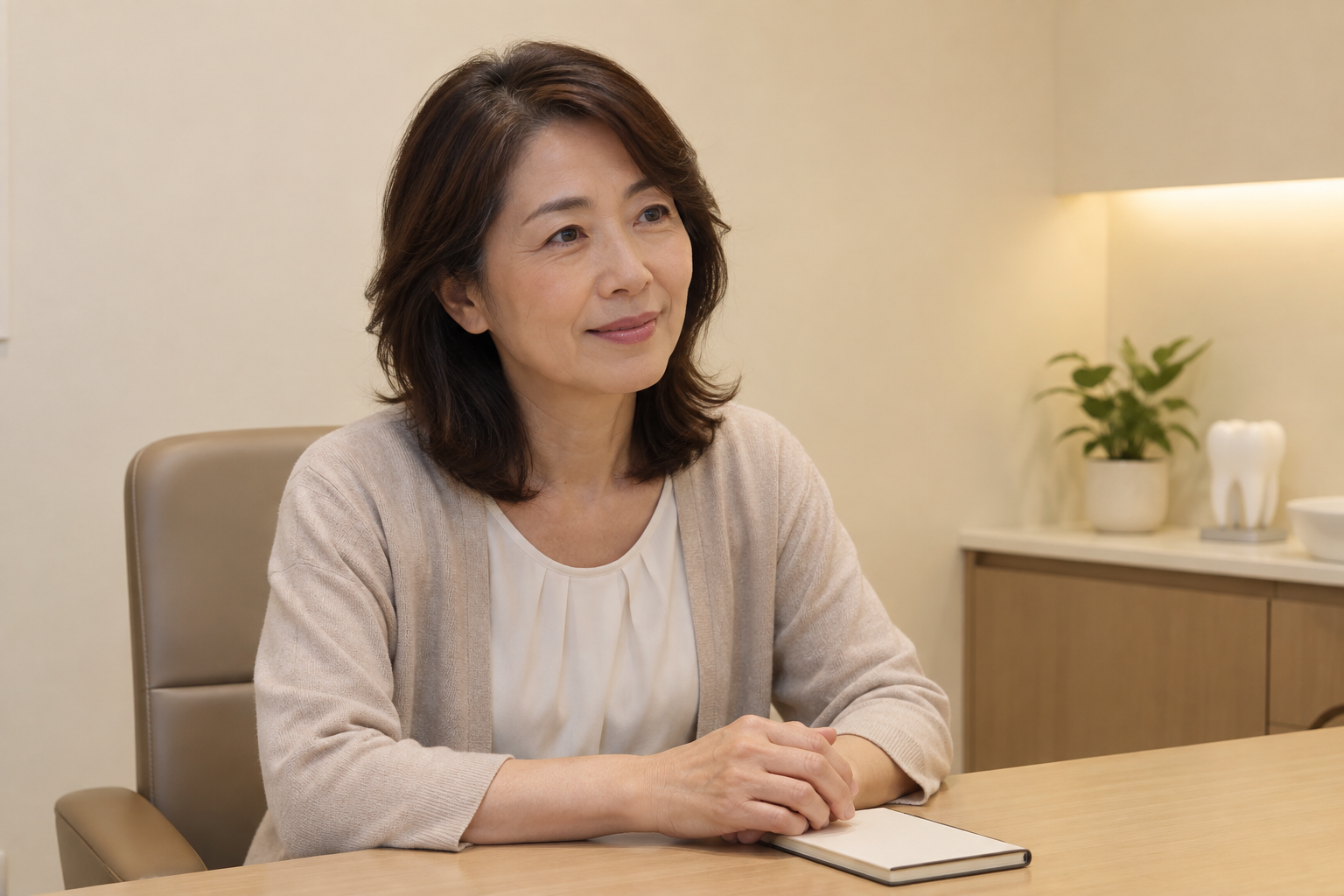 歯の根元のケアについて相談する女性