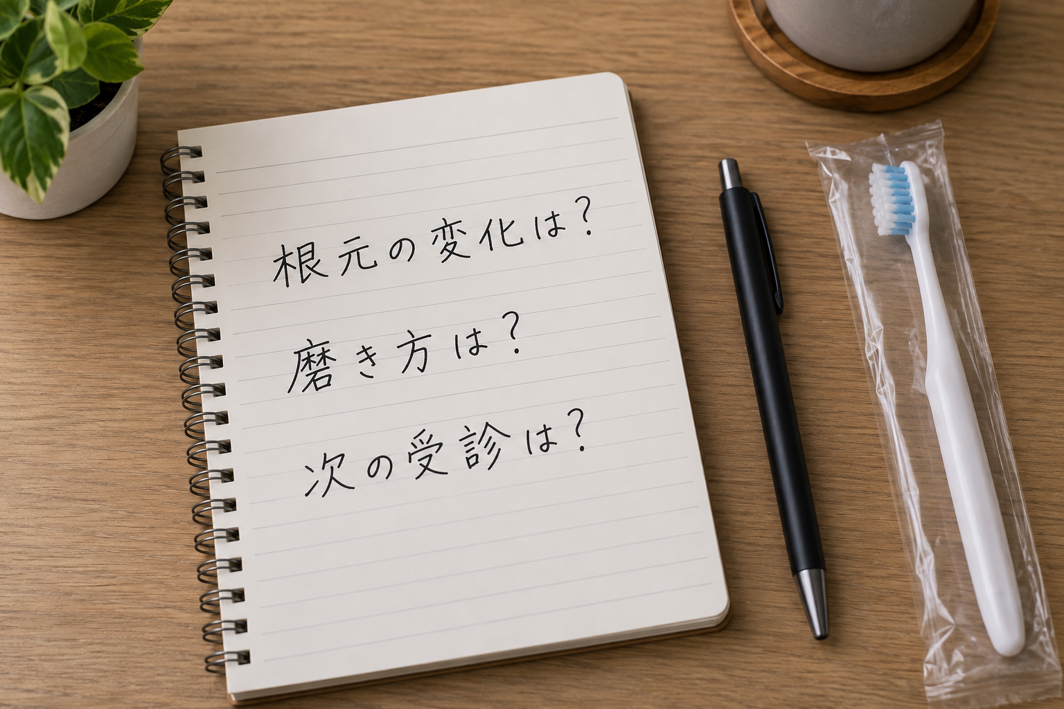 根元の変化、磨き方、次の受診について記した相談メモ
