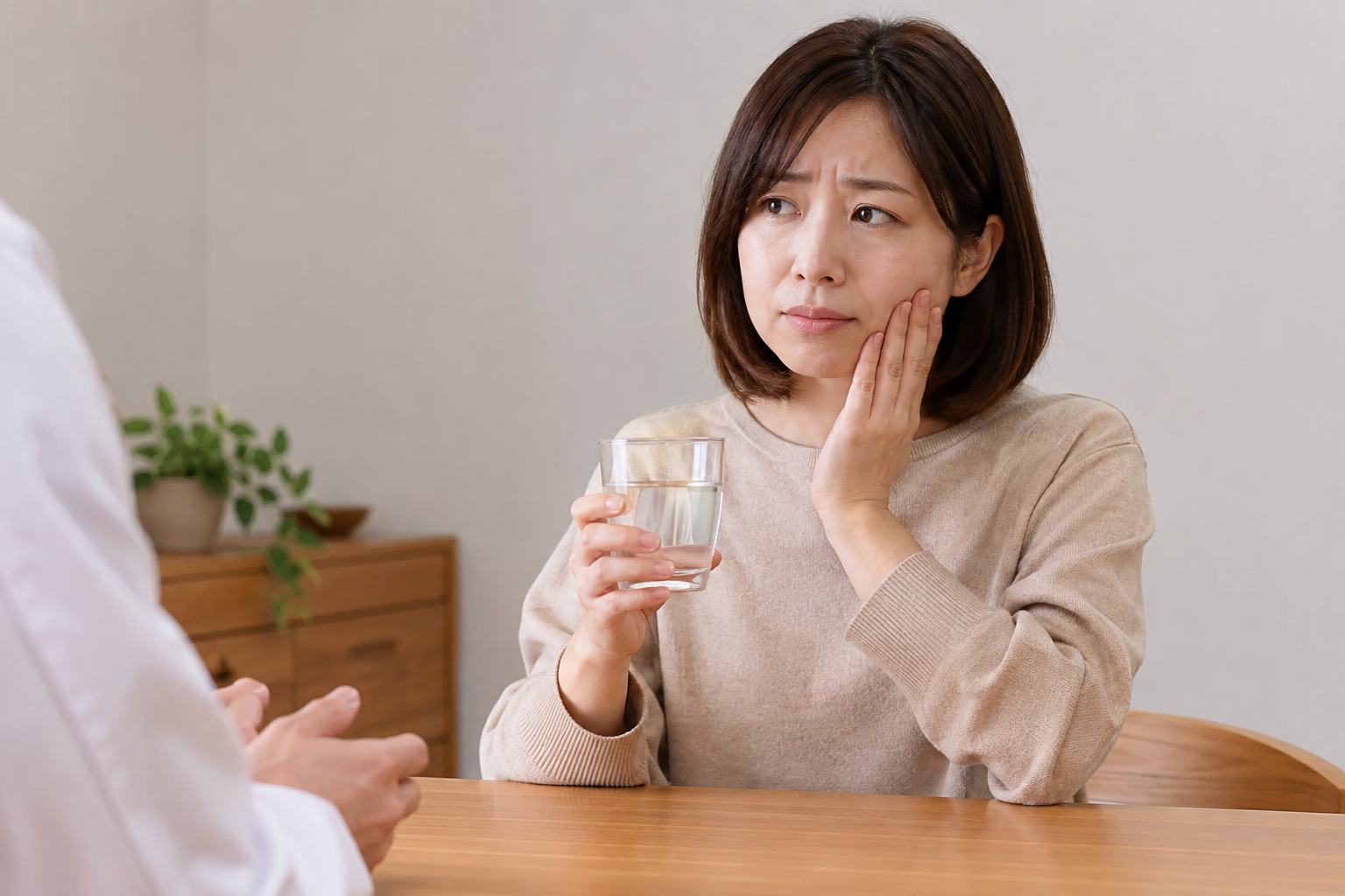 水を飲む際に歯の違和感を気にする女性