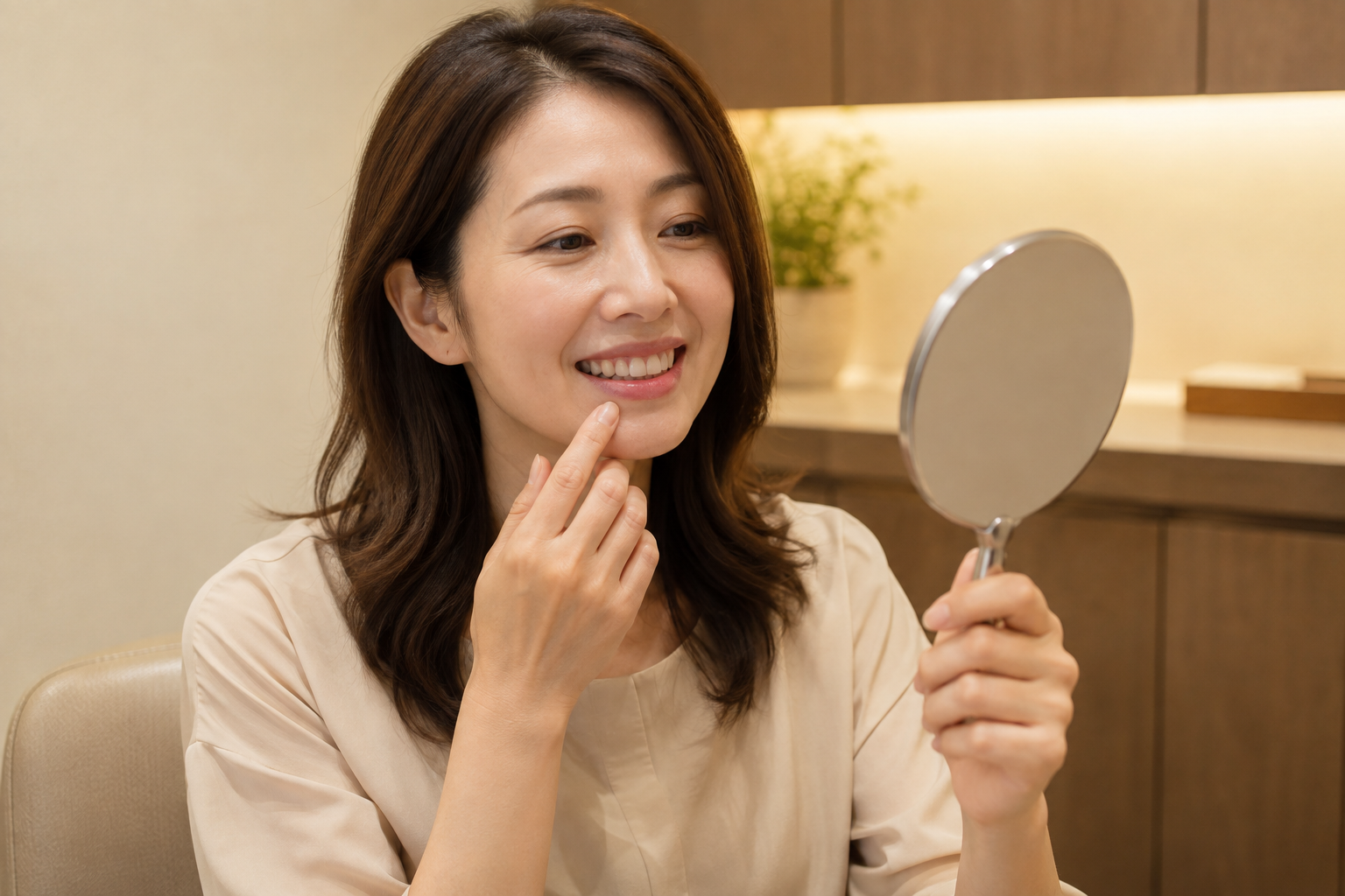 手鏡で前歯と口元の見え方を確認する女性