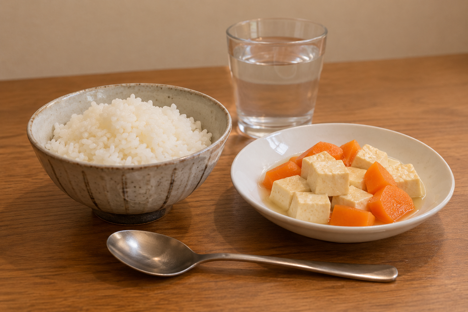 小さく切った柔らかい食事と水を用意した食卓