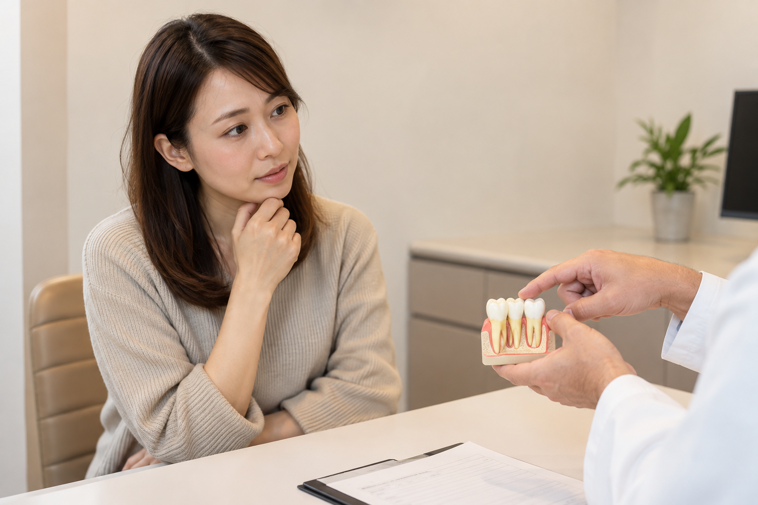 歯の模型を見ながら治療について相談する女性