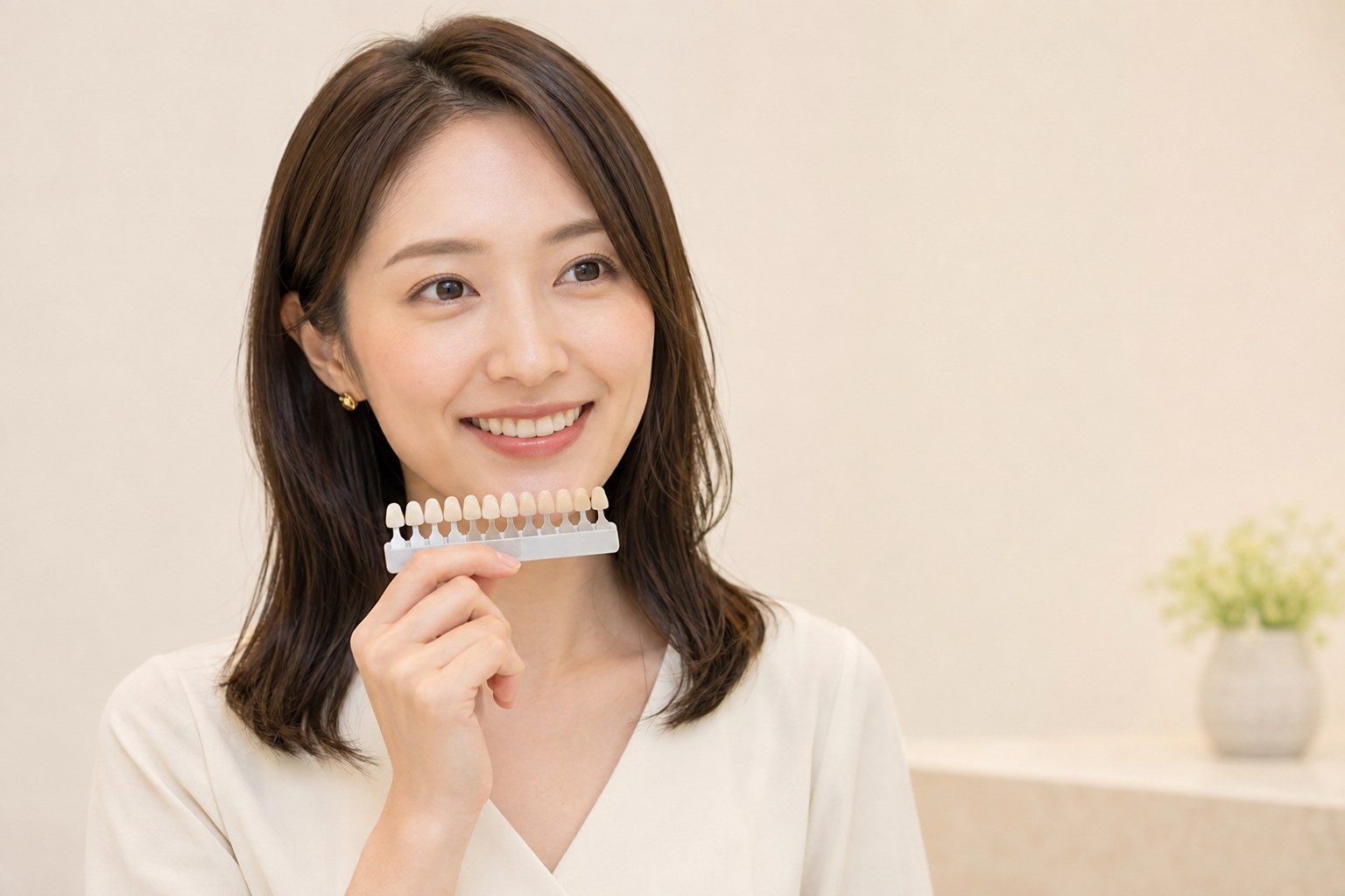 自然な笑顔と歯の色見本を確認するイメージ