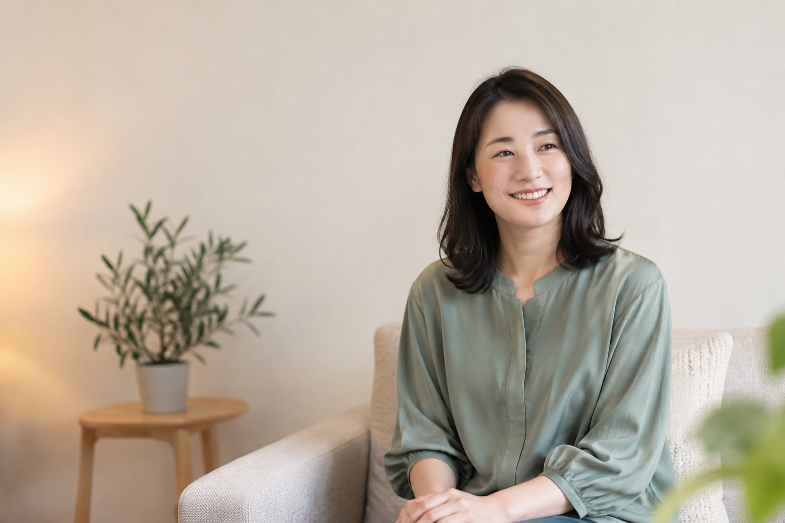 落ち着いた室内で自然に微笑む女性