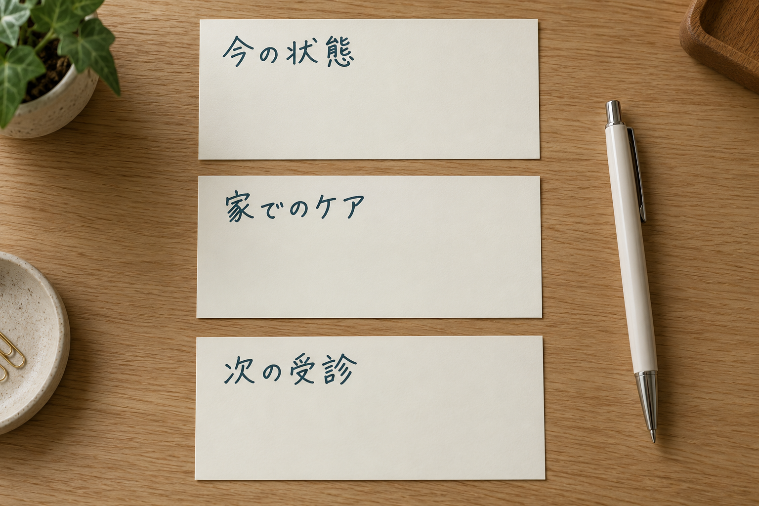 今の状態、家でのケア、次の受診と書かれた三枚の確認カード