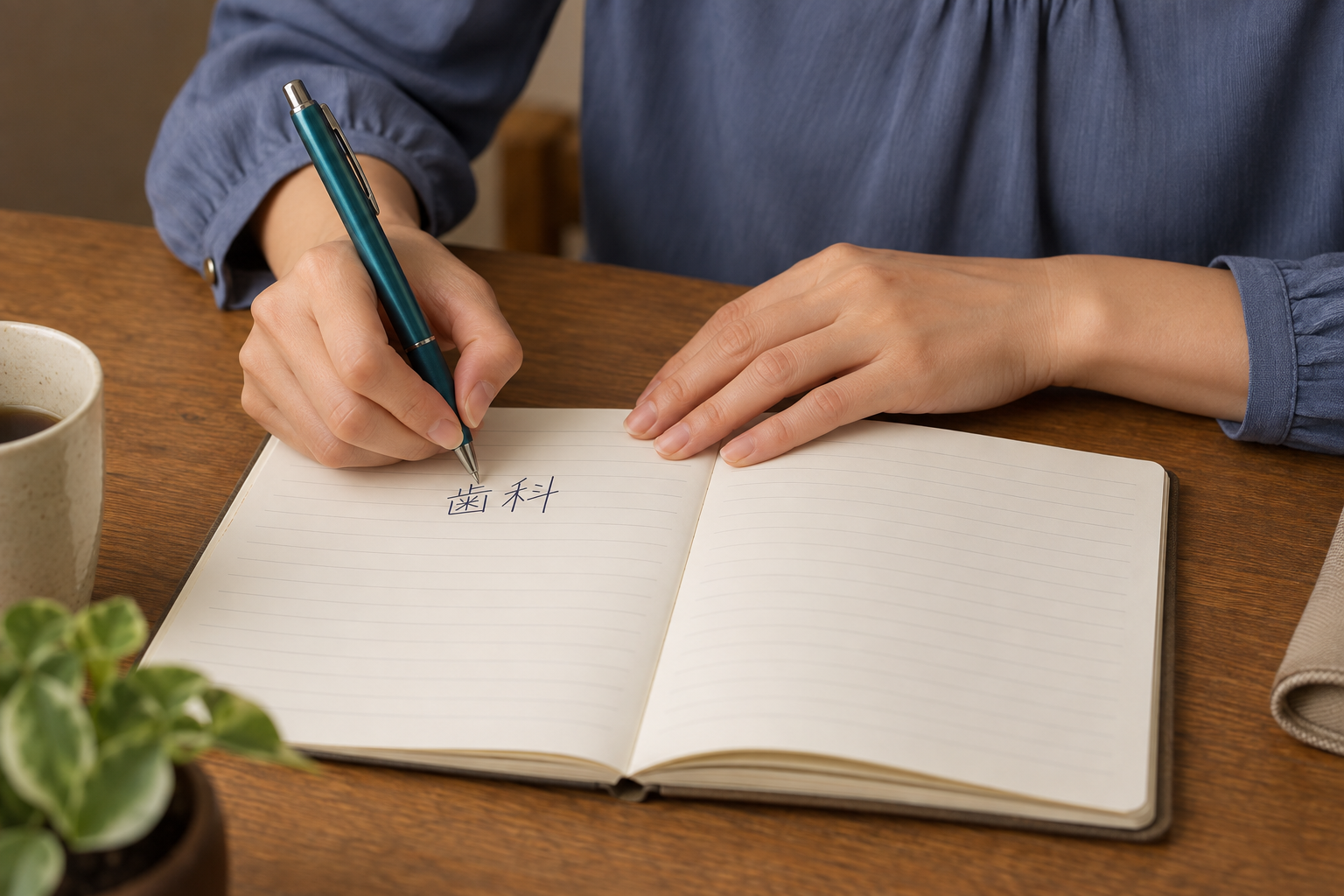 手帳に歯科受診の予定を書き込む手元