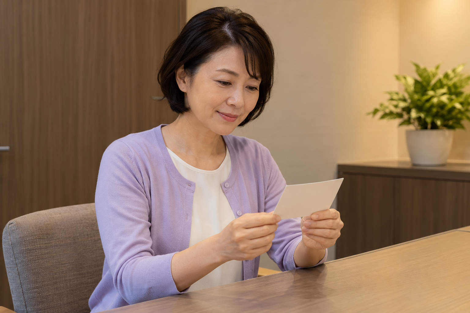 相談席で予約カードを持つ女性