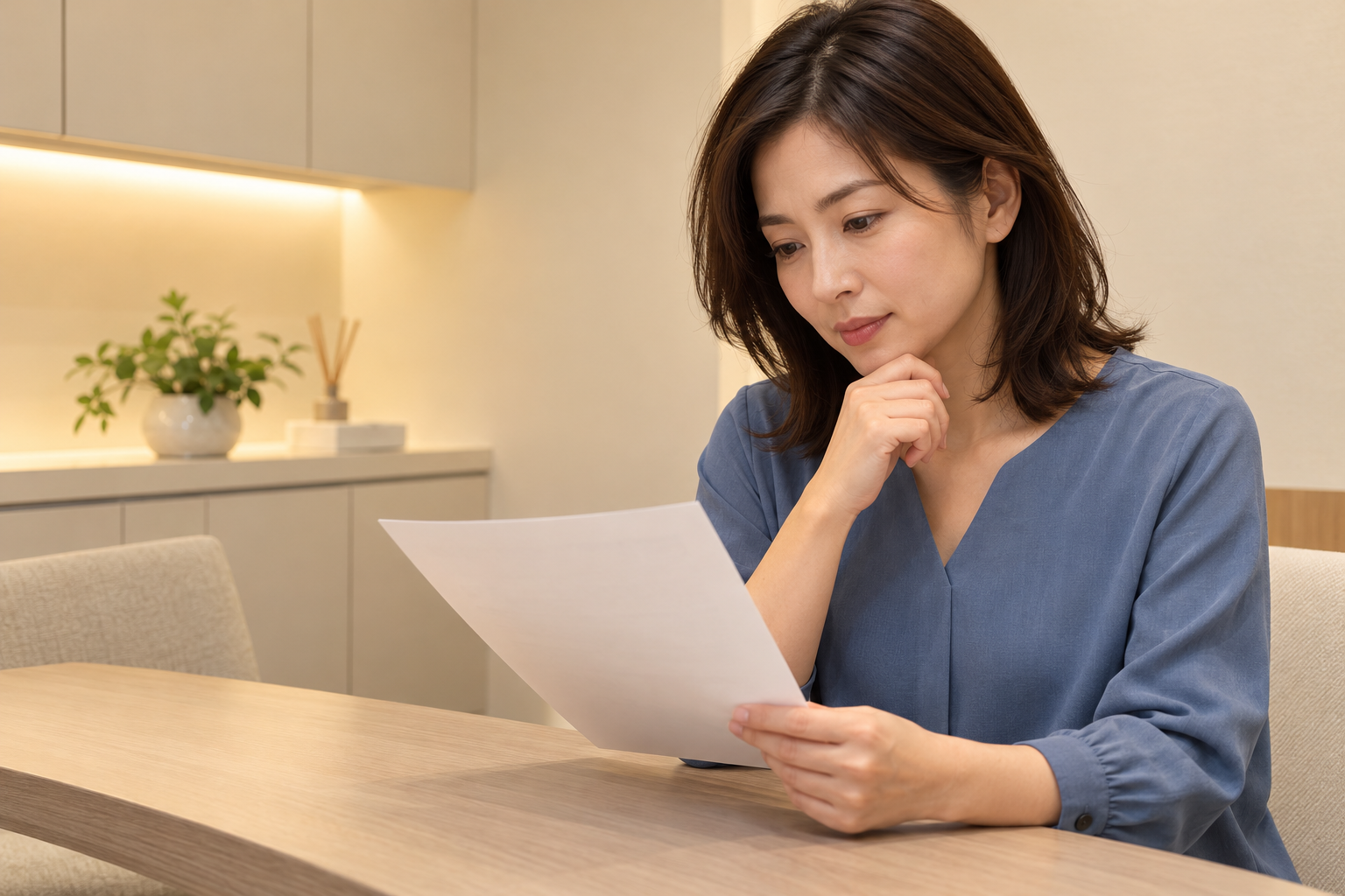相談前に説明資料を確認する女性