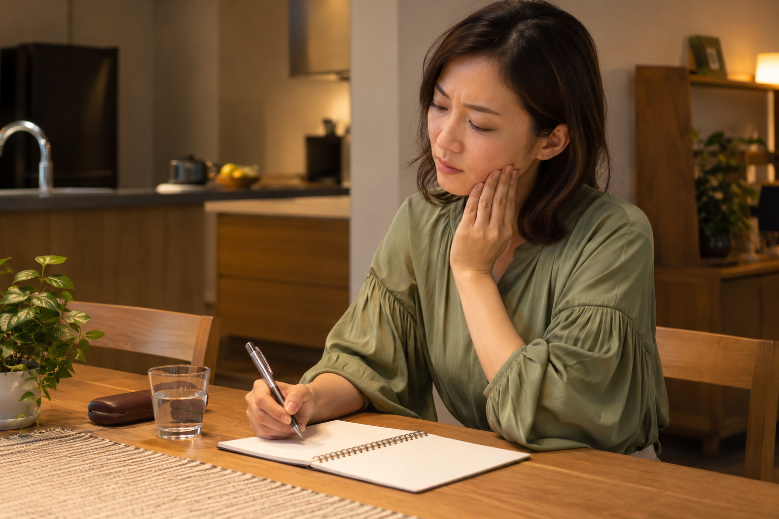 あごの違和感についてノートに記録する女性